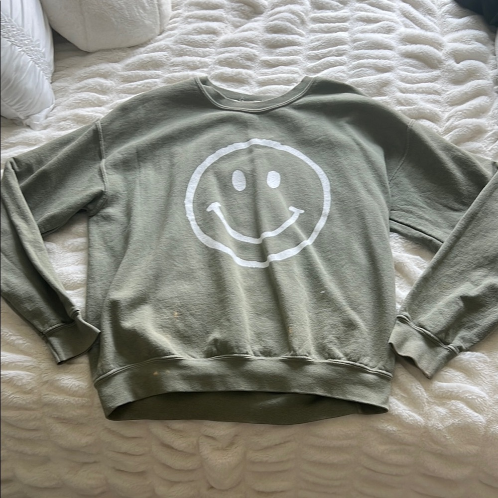 Altar'd State Green and White Crew Neck Sweater with Smiley Face